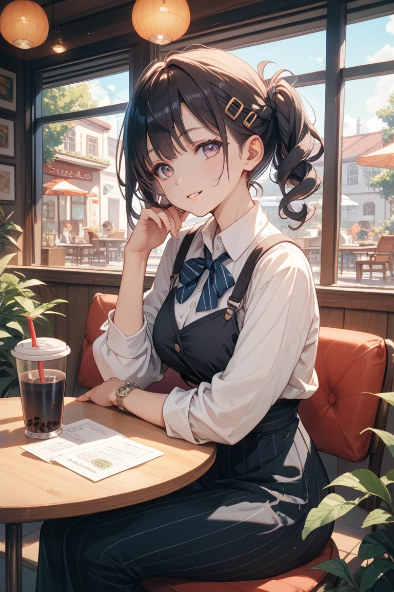 depth of field, 1 girl,cute, solo,beautiful detailed sky, detailed cafe, morning, sitting, dating, (smile:1.1), (closed mouth), medium breasts, beautiful detailed eyes, (collared shirt:1.1), bowtie, pleated skirt, (short hair:1.2), floating hair