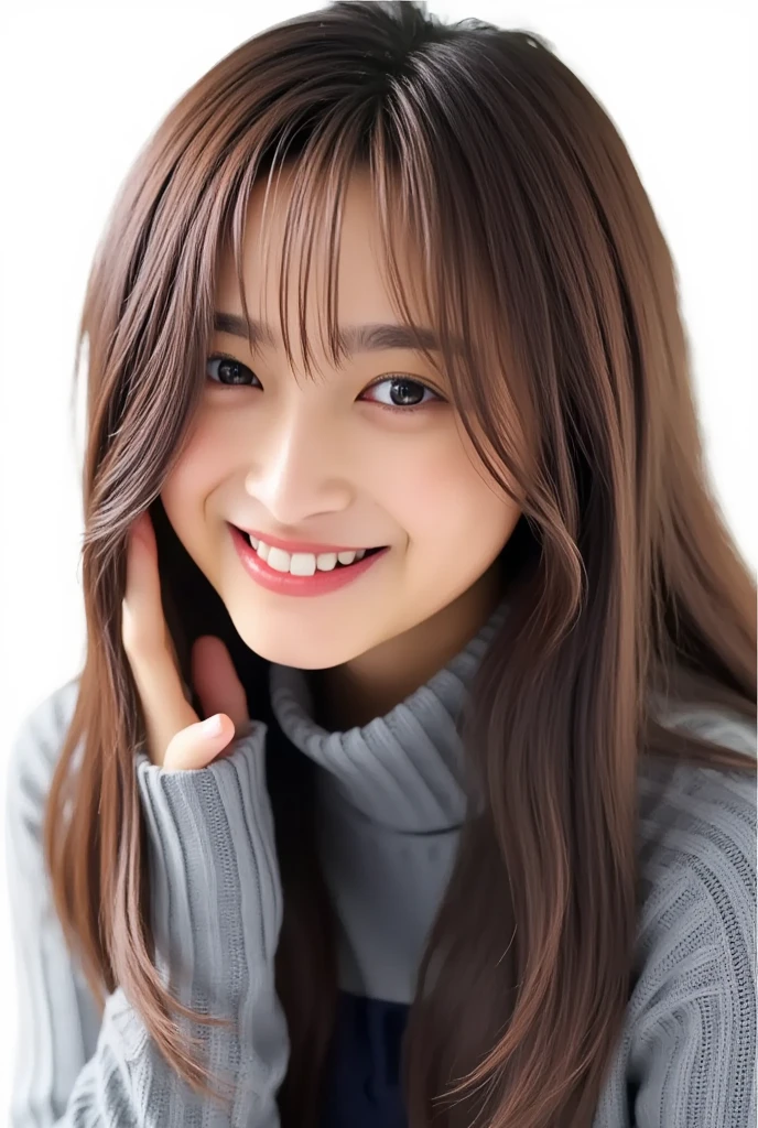 beautiful girl　Take off long hair, smile, chest, Smiling with teeth showing, Simple Background, Skirt flip, 