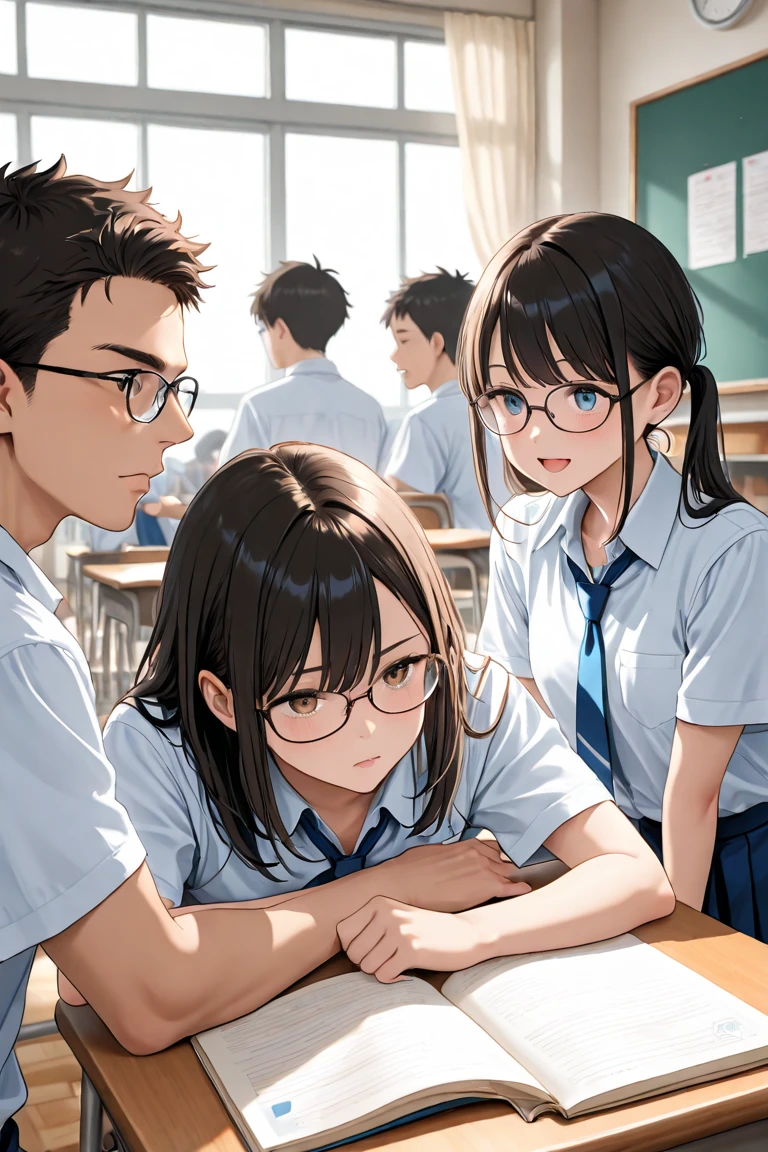 Full character(from head to foots), a girl with dark skin, black hair and brown eyes that uses a black and glasses stepping next to an japanese school.
