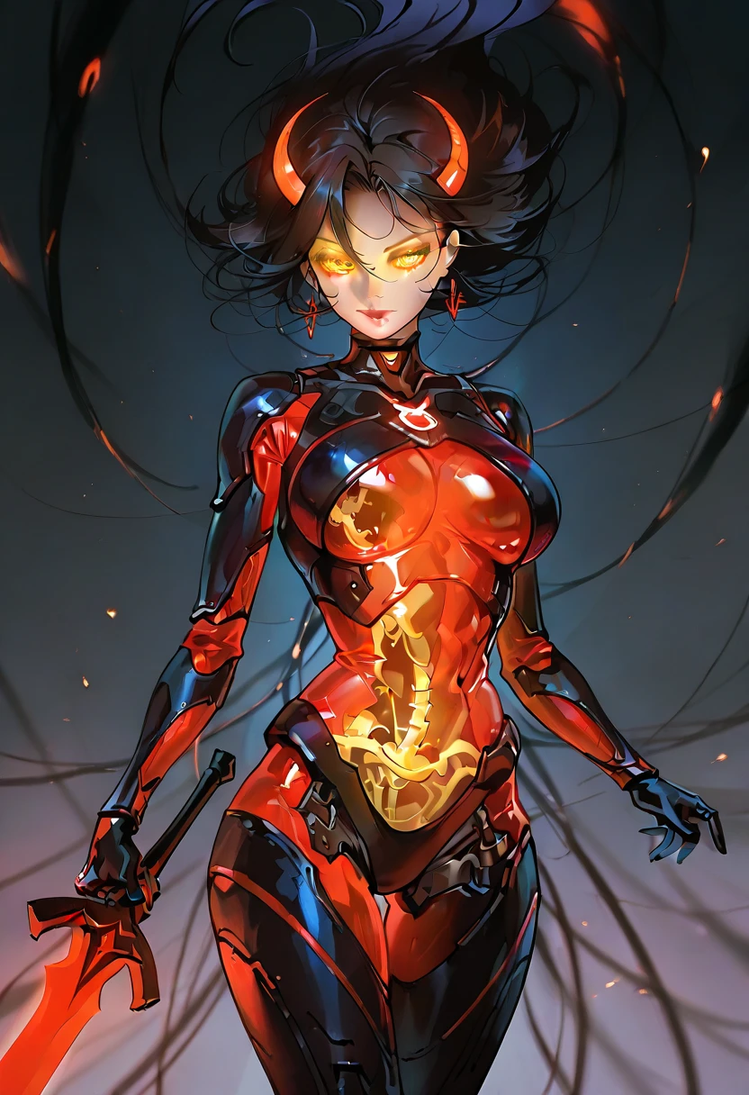 Top quality materials,The details are obvious,best quality,Global Illumination,Highest skin texture,Top quality materials,The details are obvious,best quality,Global Illumination,Highest skin texture,black(1.8),red(0.8)、Mecha girl(2.0) Looking at the audience:(0.8),black头发、red皮肤、Eyes glowing with gold、Golden-glowing eyes(2.0)detailed、Slim waist and buttocks、Huge Breasts,Exaggerated body proportions,Loose fitting robe,Slim waist,Abdominal muscles:(1.3)、Nano tights wrapped all over the body(1.7)、High-tech clothing、She is great,Look up to her,Standing on a round rockery(1.8),There is a small golden southern lion dance at the foot.:(0.8)、Backlight、Backlight、Look down at the camera、Very detailed、Smooth、Clear focus、8k、 high resolution、illustration、Art work。