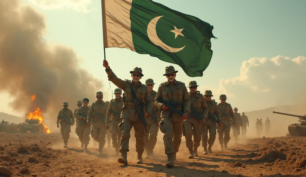 Pakistan  big flag moving in wind and it is capturing by a team of Muslim soldiers and with full of swords and other  modern weapons