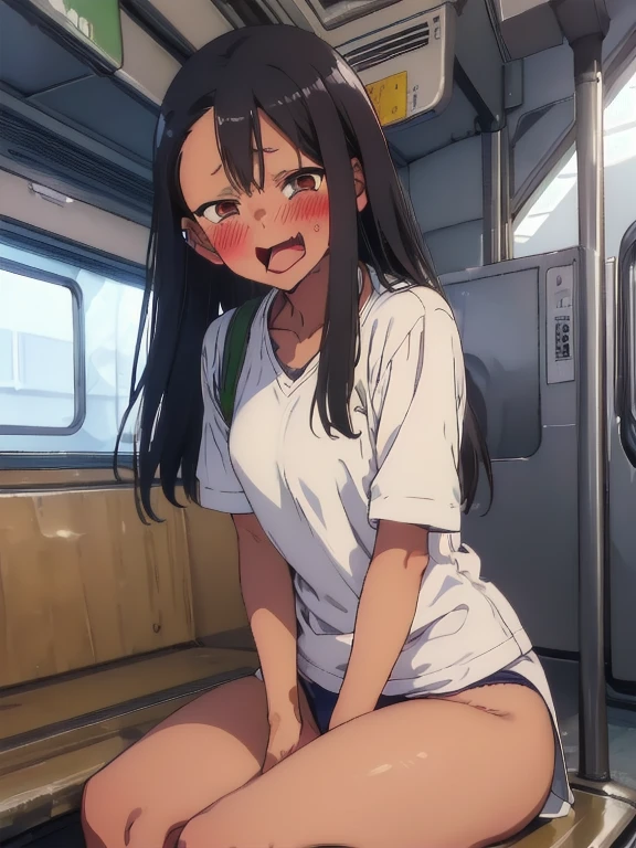 (1) Sitting alone on a long seat in a train,Sit with your legs apart,Showing white panties, Facing forward,Low - Angle,
(2) I'm a jk, She is wearing a uniform consisting of a miniskirt, sailor suit and loose socks.,
(3) I have medium length brown hair,
(4) The expression is provocative and smirking.,
(5) The location is a long seat on the Yamanote Line at night.,There are no other customers,The view outside the window is the night view of the city