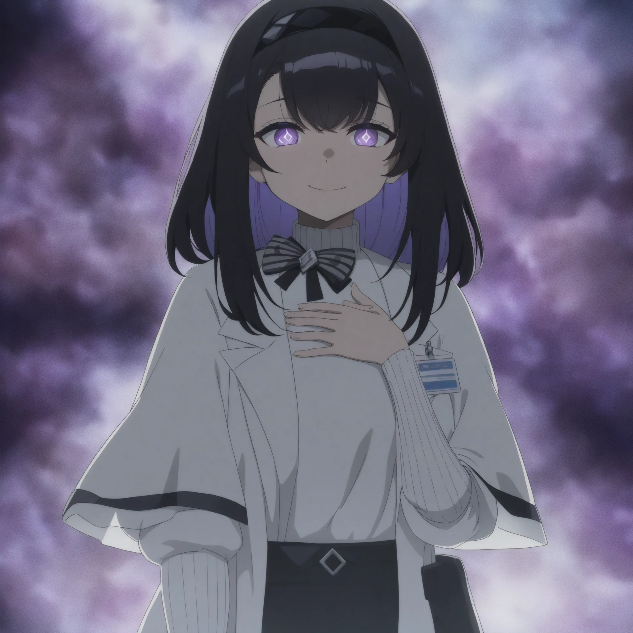 1girl, prts, black hair, black hairband, diamond pupils, white coat, capelet, striped bowtie, white turtleneck sweater, id card, closed mouth, black skirt,
creepy long smile, straight shot, anime screencap, anime coloring, hand to chest, close up, straight shot,
space background, nebula in background, looking at viewer,
high resolution, ultra-detailed, absurdres, masterpiece, best quality, good quality, newest