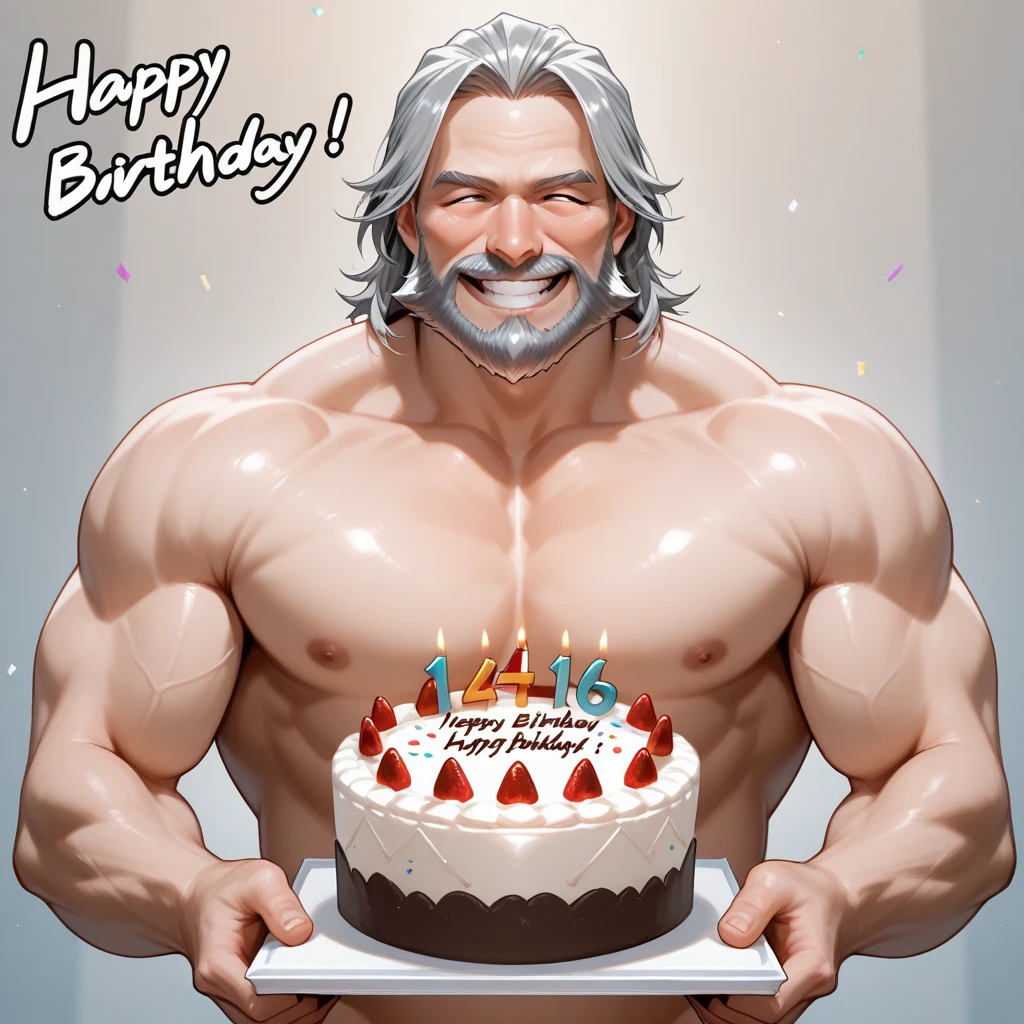 Hyperrealistic image of a very old and very sweaty superhero pastry chef with very gray hair., A bodybuilder over 80 years old., very muscular and fat, weighing more than 200 kilos, with bare torso, large and flaccid pectorals, tattoos, huge brown nipples, big grey whiskers, Dressed in white pants and in a kitchen in front of a birthday cake.