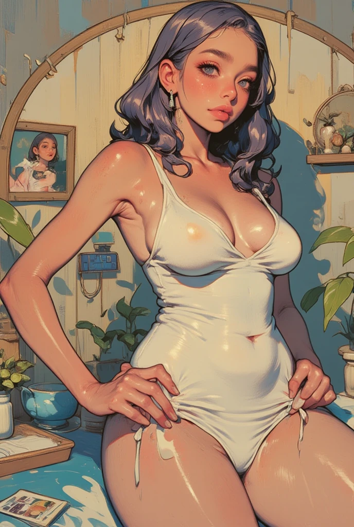 Naked atractive woman with slim body medium sized butt and ample breasts, realistic style, picture in Black and white, she is drinking tea from a teacup while playing with her breasts, she is horny ready to have a sex , she is sitting on her knees on the bed, she is showing her tongue