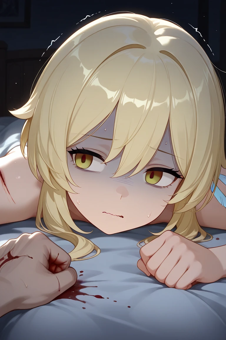 solo,blonde,big forehead,surprised face,waking up to find the bed covered in blood,crazy,panic,