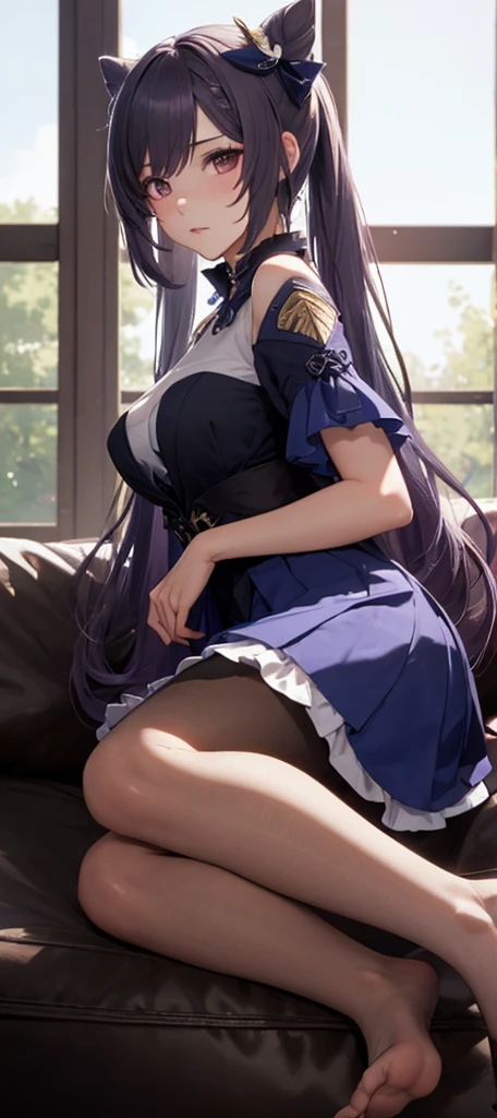 Character Details:, - Gender: 1 Girl. - Style: Anime, - Body Type: Attractive body, slim body, nice legs, slim tights, nice arms, nice shoulders. - Breast: ((Small Breast:1,5)), Cleavage. - Facial Features: Beautiful, Gorgeous, Teenager, Fresh, Young. - Expression: Smile, Pink Blush on Face, Sexy Eyes, Sexy Look, Innocent Look, Tipsy. - Hairstyle: Blunt Bangs, Long Hair. - Hair Color: Light Blue Hair. - Clothing: Office Shirt, Stocking, Messy. - Body Pose: Sitting on Desk, Closed Leg. - Behaviour: Waiting Alone, Want Something, Secretly. - Accessories: Earrings., Environmental Details:, - Setting: Office Room., - Lighting: Natural Light., - Decoration: Modern Office Desk, Chair, Window, White Curtain, City View. Top view. pov, anime style, UHD, retina, masterpiece, accurate, anatomically correct, texture.
