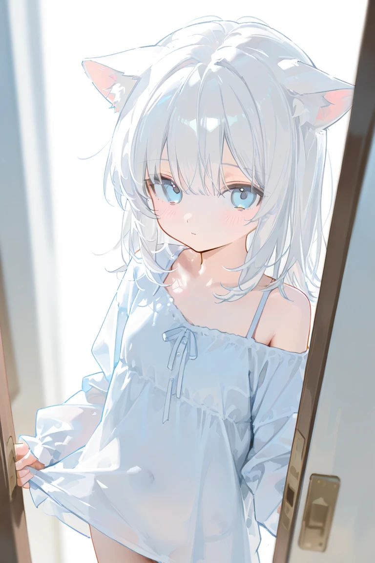 1 girl, solo, furry, fox, cute face, ambient light, ultra detailed hair, volumetric light, gray hair, blue eyes, wearing mini dress