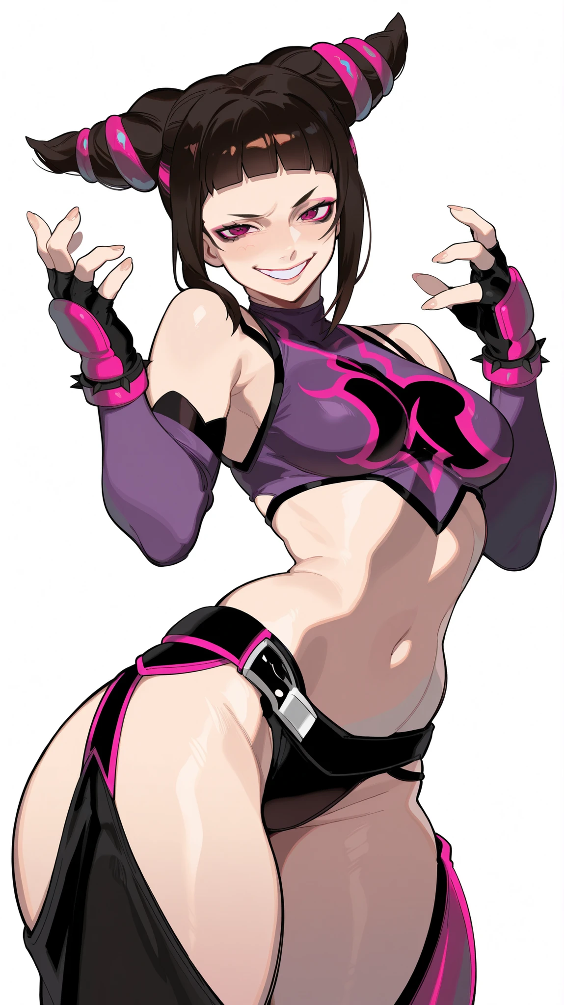 Full body image of Juri Han from Street Fighter 5, wearing her original outfit (black and purple bodysuit with spiked accents, barefoot with taped feet, and arm guards), short black hair styled in twin buns, female body, athletic and flexible body, dynamic pose, detailed pose, simple background, expressive face showing a mischievous grin, focus on face, line art, sketch