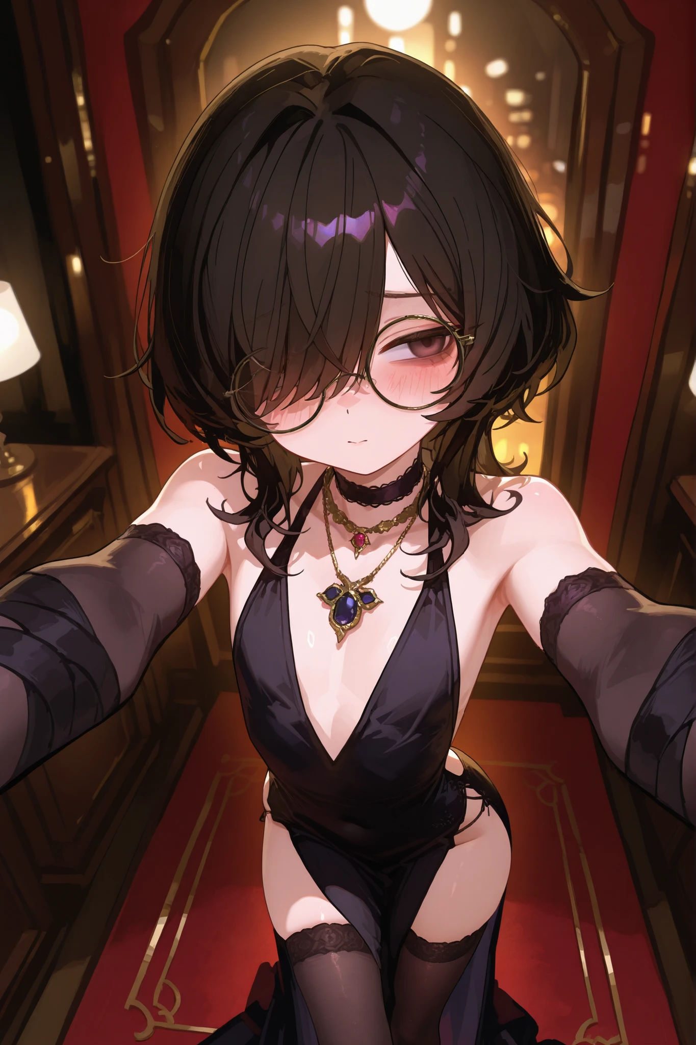 1boy, femboy, black hair, wavy hair, medium hair, hair over half of face, hair over one eye, brown tired eyes, thin eyes, choker necklace, elegant, long legs, sexy pose, dynamic lighting, flat chest, circle glasses, elegant face, black nail varnish, shy face, sexy elegant dress, halterneck dress, high-low dress, black dress, backless dress, in a luxury room, black thighhighs, black fingerless elbow gloves, slight blush, POV, lookin at wiever, very close to the wiever, wraps arms around the wievers's neck
