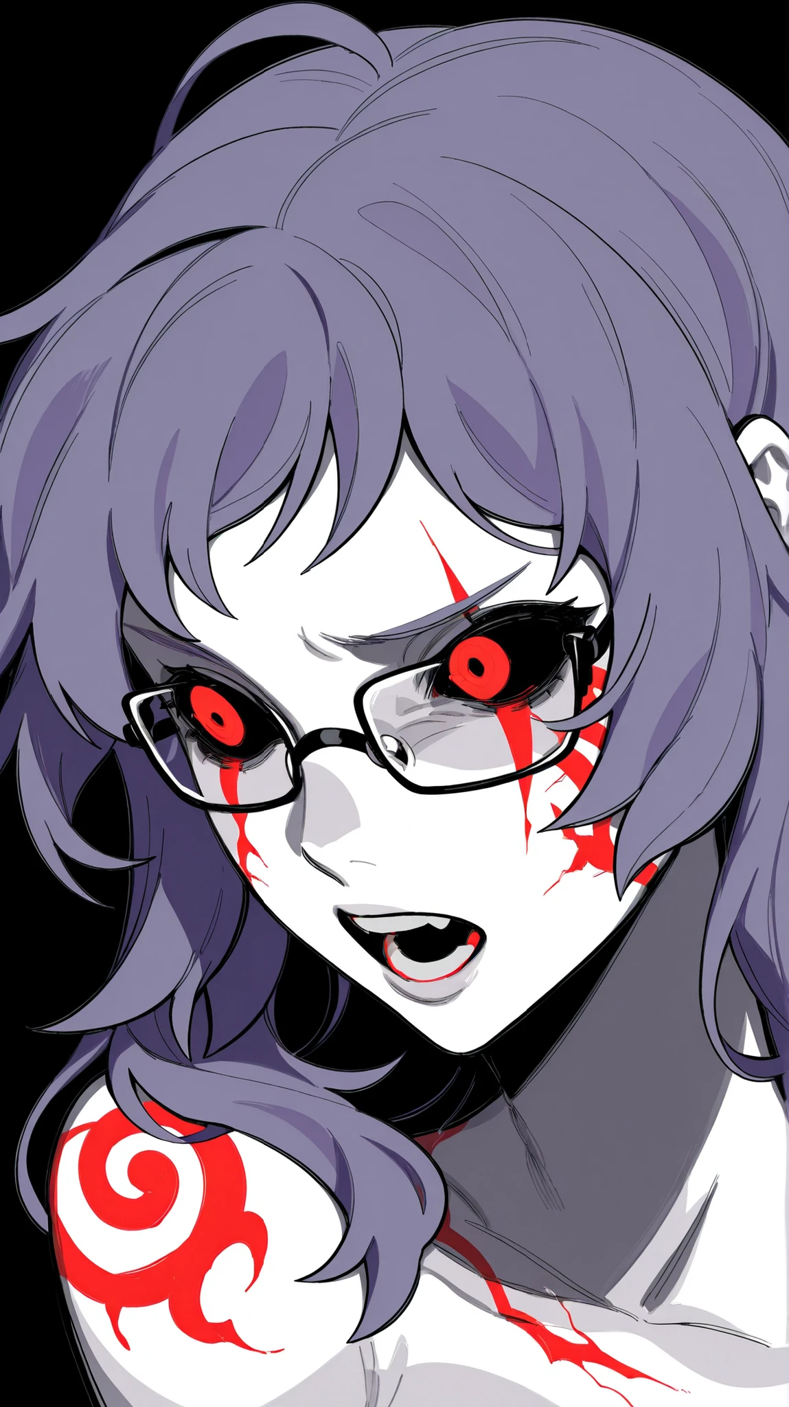 Image is a digital illustration in an anime style, featuring a close-up of a character's face. The character has long, purple hair and pale skin. Their eyes are striking, with large, red irises and black sclera, giving an intense and dramatic appearance. The character wears red, rectangular glasses, which are slightly askew. The face is marked with several dark, jagged lines, resembling scars or tattoos. The character's mouth is open, revealing a surprised or shocked expression. The overall color palette is dominated by purples, reds, and blacks, creating a vivid and intense visual impact.