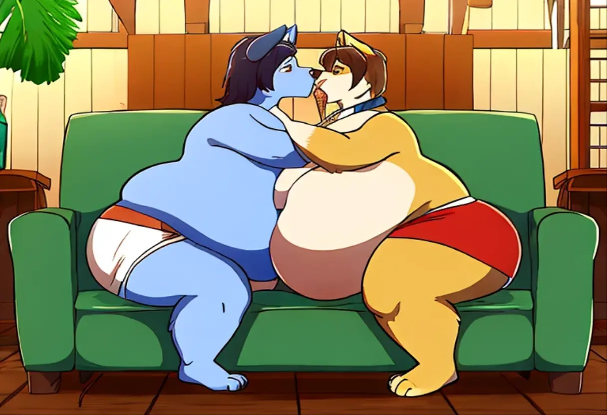 {Side view} a couple of furry two young girl and a furry young boy in a treehouse try to endure a blazing heatwave by eating plenty of ice cream (most of which has unfortunately already melted) and drinking lemonade {[girls: canine, anthro, strong arms, definited muscles, huge , huge thighs, wide hips, chubby belly, standing]}, {[boy: canine, anthro, fat, (morbity obesity:1.4) fat legs, fat belly, drinking lemonade by the pitcher, bigger than the couch, fat, fat belly, round belly, stuffed, sitting, hands on belly]} looking each other, barefoot, shorts, underwear, a lot of size difference, same age