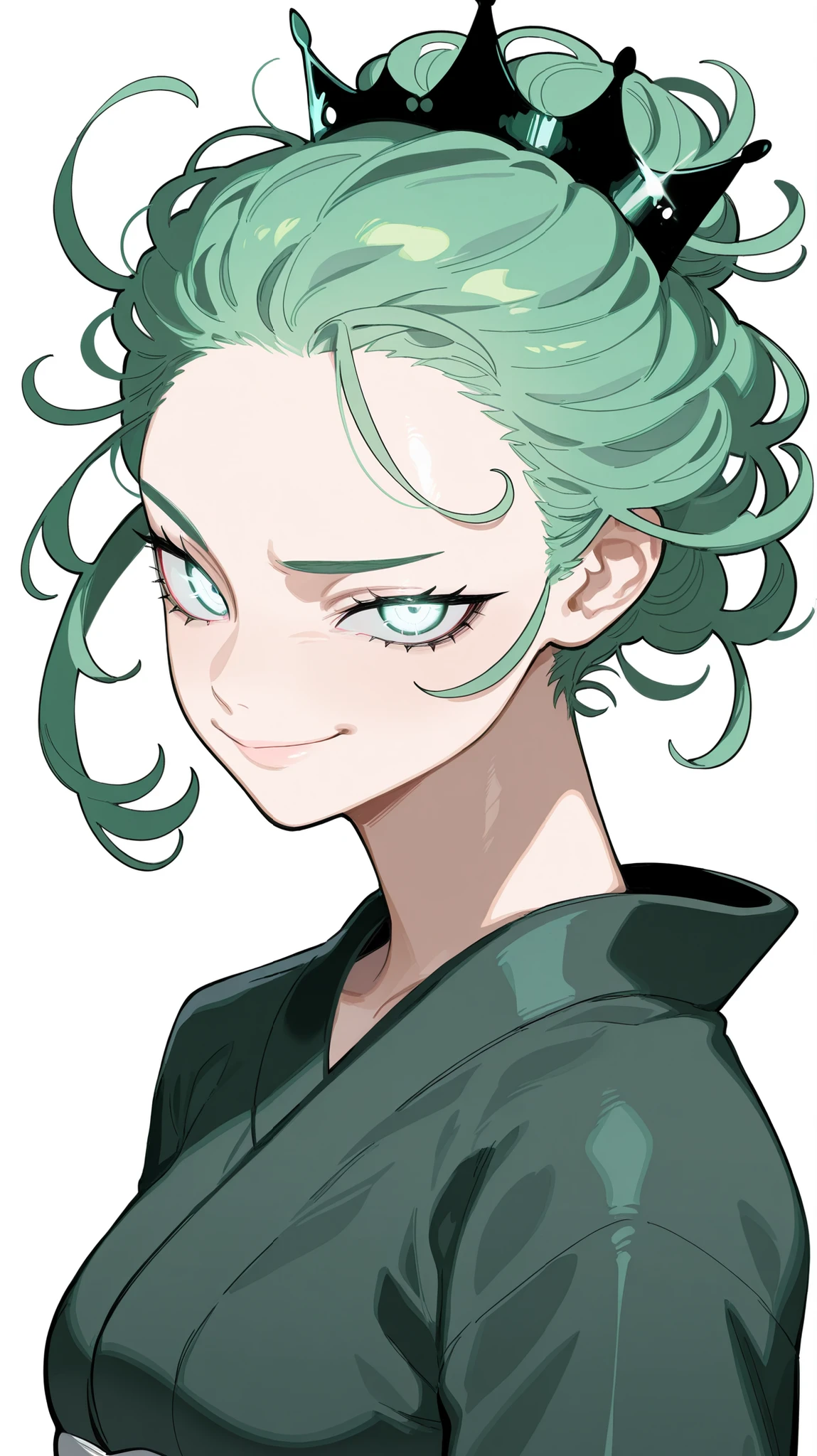 masterpiece, best quality, very aesthetic, high resolution, ultra-detailed, absurdres, newest, extremely detailed eyes,  1girl, green hair, white background, smile, looking at viewer, simple background, japanese clothes, glint, bangs, medium hair, upper body, kimono, sidelocks, crown,, tatsumaki,