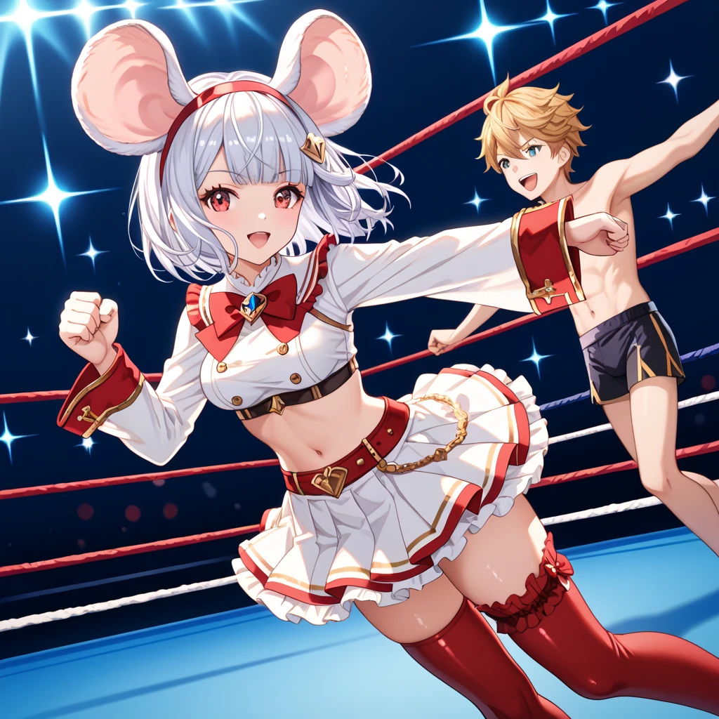 (((masterpiece))),(((best quality))),(ultra-detailed,high resolution:1.2),(illustration),((an extremely delicate and beautiful)),(detailed background), ((((hug from behind)))), sex from behind, standing sex, ((((motion lines)))), vulgarity, (((wrestling ring))), ((1girl)and(1fat man)), hetero, (1petit girl,short stature), ((((illyasviel von einzbern/(((prisma illya/)))),official alternate costume, pink thighhighs, pink thighboots, long hair, 1 holding, hair feathers, red eyes, white gloves,pleated skirt, small breasts, eyebrows visible through hair, white elbow gloves, detached sleeves, bangs, magical girl,bare shoulders, pink shirt, hair between eyes, hair ornament, sleeveless shirt, holding weapon, shiny hair, white skirt,high heel boots, frills, (ahegao,trembling:1.4), (cum in pussy:1.4),cum on clothes,cum on breasts,excessive cum, clothing aside, clothed, (1fat man,short stature:1.4), large penis, text,
