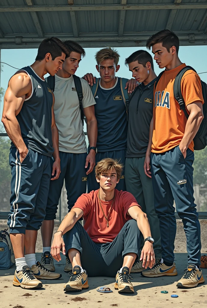 4 teen males, (((16yo))), sport body, atmospheric, patterned cargo pants, white socks, square teen male face, full body view, focused on face, dark atmosphere, wet body, hug, red sneakers, topless