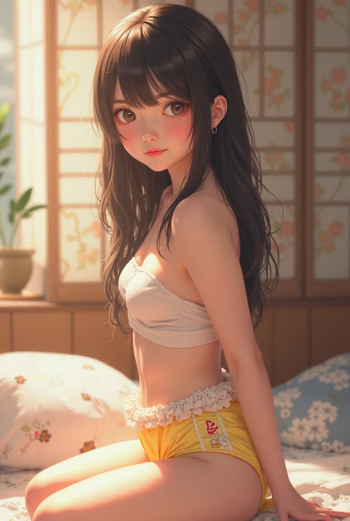 Highest quality、Realistic、、zoom、woman、cute、Light grey eyes、Black Hair、Long straight line、Tanned brown skin、Dark Skin、Pink panties with small character print、Pink panties with small character print、Captivating smile、Flat Chest、。Bust Shot、Low length、Chubby、Shower room、