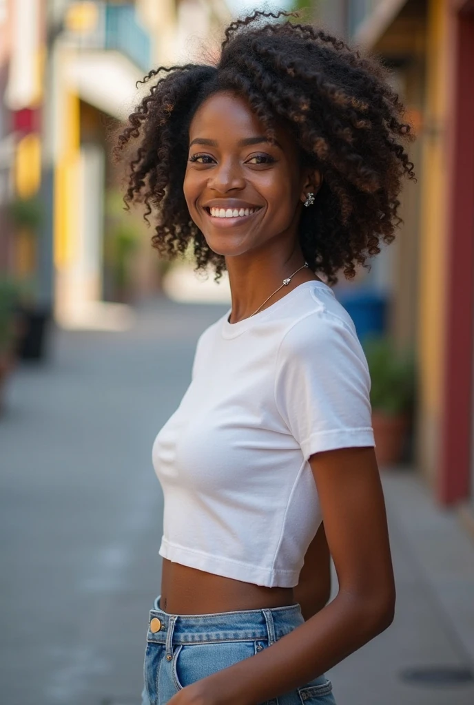 smiling woman in white shirt and jeans posing for a picture, dressed in a white t shirt, dressed in a white t-shirt, wearing a shirt and a jean, white shirt and blue jeans, photo of a black woman, jeans and t shirt, young black woman, white shirt and jeans, dark short curly hair smiling, confident relaxed pose, black young woman