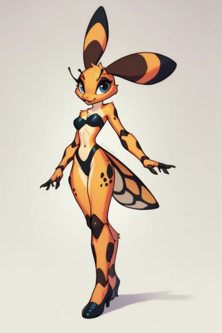 score_9, score_8_up, score_7_up, score_6_up, score_5_up, score_4_up, smooth texture, highres, fullbody, volumetric lighting, beautiful face, detailed background, detailed face, detailed texture, 1girl BREAK front view, (bee, antennae, bee wings), beetle, female anthro, 1girl, thighhighs, medium breasts, big ass, (wide hips, round butt), flustered, kawaii, standing, wearing crop top, wearing short shirt, micro panties, cameltoe, partially vulva, bubble butt, black gloves, side view, (simple background: 1.3)