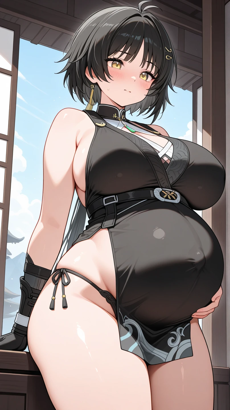(best quality, masterpiece:1.2), ultra detailed, 1girl, solo, nagisa, NTRGAO, sagging breasts, huge breasts, thick thighs, thin waist, wide hips, curvy figure, voluptuous, smile, blush, (arms behind back:1.05), covered navel, black body stockings, black sexbodysuit, (see-through:1.2), epaulette, long sleeve, military cap, salute, indoors, perfect shadow, looking at viewer, ambient light, depth of field