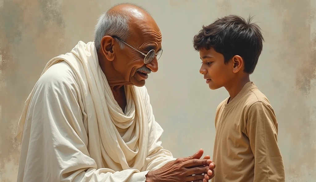 Give me a HD image of Mahatma Gandhi father of the nation of India teaching primary students his morals and values.