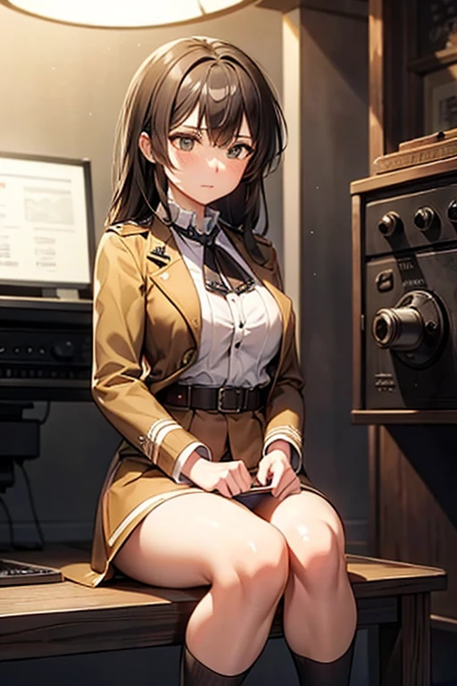 <lora:nikkeAnis_v1:1>, (cleavage:1.5), masterpiece, best quality, ultra-detailed, photorealistic, 1girl, solo, sexy attire, nikkeanis, aniswear, cross-eyed, short_hair, large breasts, narrow waist, wide hips, brown_hair, hair_ornament, thigh highs, hat, brown_eyes, jacket, yellow_eyes, knee pads, boots, shorts, black_thighhighs, beret, short shorts, (night Japan city ruins), abandoned buildings <lora:gachaSplashLORA_v40:1>
