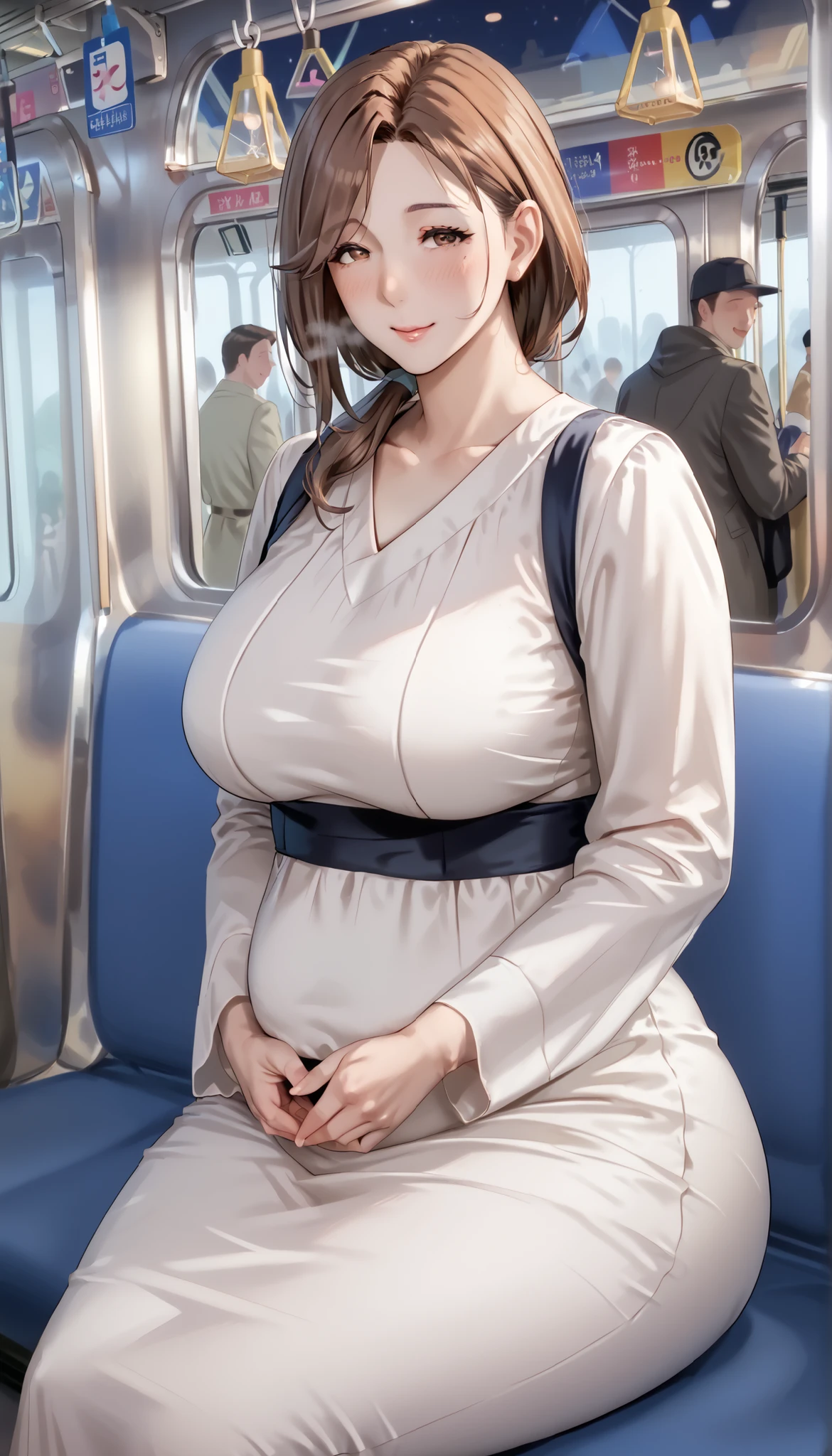 1 girl, mature female, milf, motherhood, large breasts, very big butt, plump, curvy, round face, brown eyes, brown hair, low ponytail hair, happy face, detail, smile, blushing, steam, white housedress, night, hand stroking pregnant belly, sit on the train seat, look at the viewer, early pregnancy, baby bump, small belly, e235, train interior,