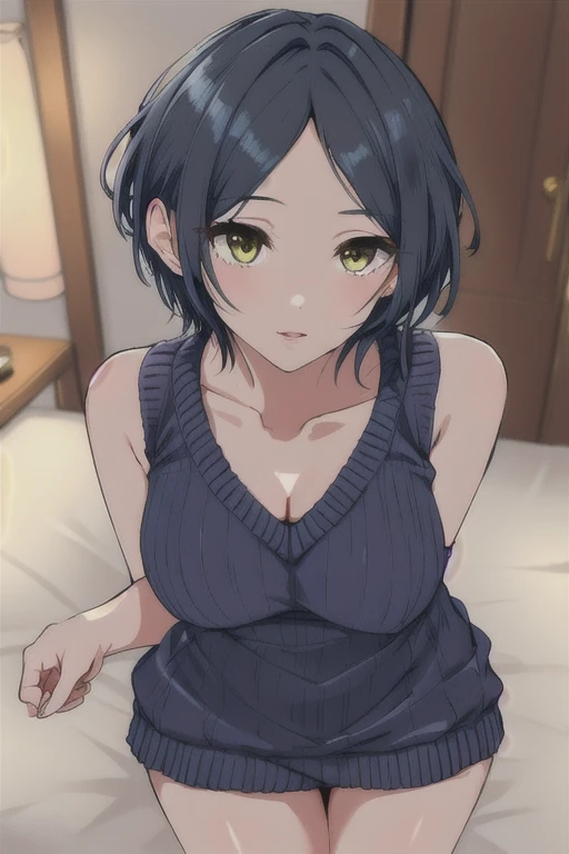 best quality, ultra-detailed masterpiece, anime art style, cute characters, nsfw, dia kurosawa, one-piece swimsuit, pantyhose, nipple, pussy, love juice, orgasm, bed room