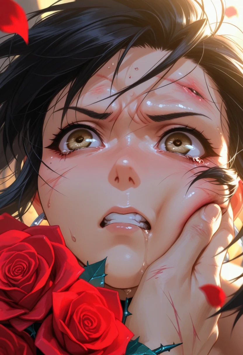 best quality, masterpiece, highly detailed,1girl, ((rose)), (vine), cage, bandage, red rope, (detail light), falling rose petals, Boa Hancock, , (masterpiece:1.5), Detailed Photo, Smiling, Sexy, (8K, Best Quality: 1.4), (1girl), Beautiful Face, (anime realistic Face), (Black Hair, long Hair: 1.3), Beautiful Hairstyle, Realistic eyes, beautiful detail eyes, (white skin), beautiful skin, absurd, attractive, ultra high resolution, ultra realistic, high definition, golden ratio, (sexually aroused:1.5), Pinkish white skin, cool white light, sexy pose, Beautiful , white background, pink soft white light, Wear a white dress, sexy, black lace bra, (zombie girl:1.4), (breeding:1.6), (cute dead girl:1.5), (deadly eyes:1.8), (Eyes without sparkle1.7), pale skin, dead body, no life, (lifeless:1.5), (Wounds on the body:1.6), (dribbling:1.5), (red blood on body:1.3), (Bruise on the body:1.4), (nsfw:1.2)