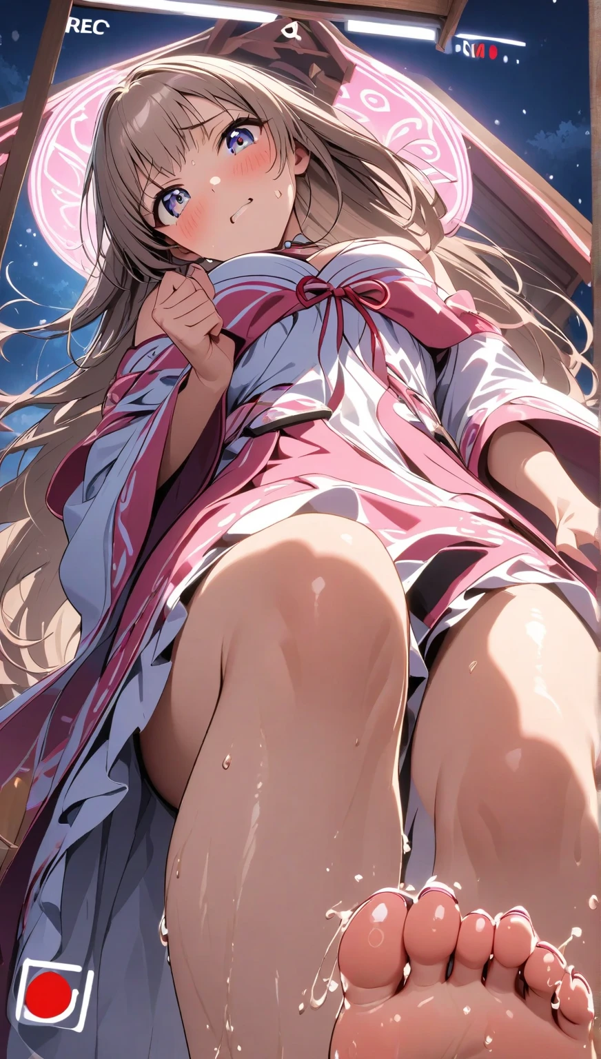 asuna,sao, crown half up hairstyle,, sweat, bare breasts, dusk sky, dusk, sunset,