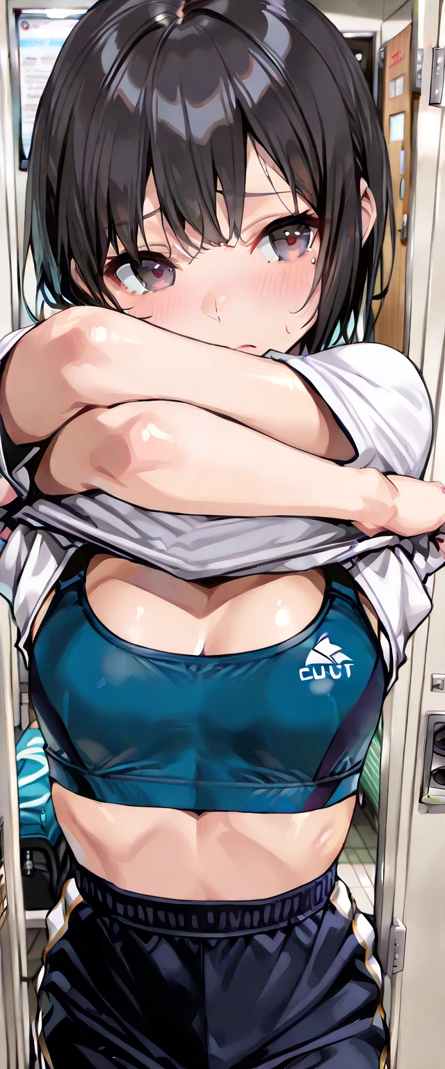 score_9, score_8_up, score_7_up, source_anime, rating_safe, 1girl, upper body, dynamic posing, perfect anatomy, dynamic angle. perfect dynamic composition, blue baseball cap, mouth mask, Shooting from below, white sport bra and dark blue shorts, large breasts, braid, yellow eyes, long hair, ponytail, deep brown hair, gradient hair, black hair, background: gym fitness room.