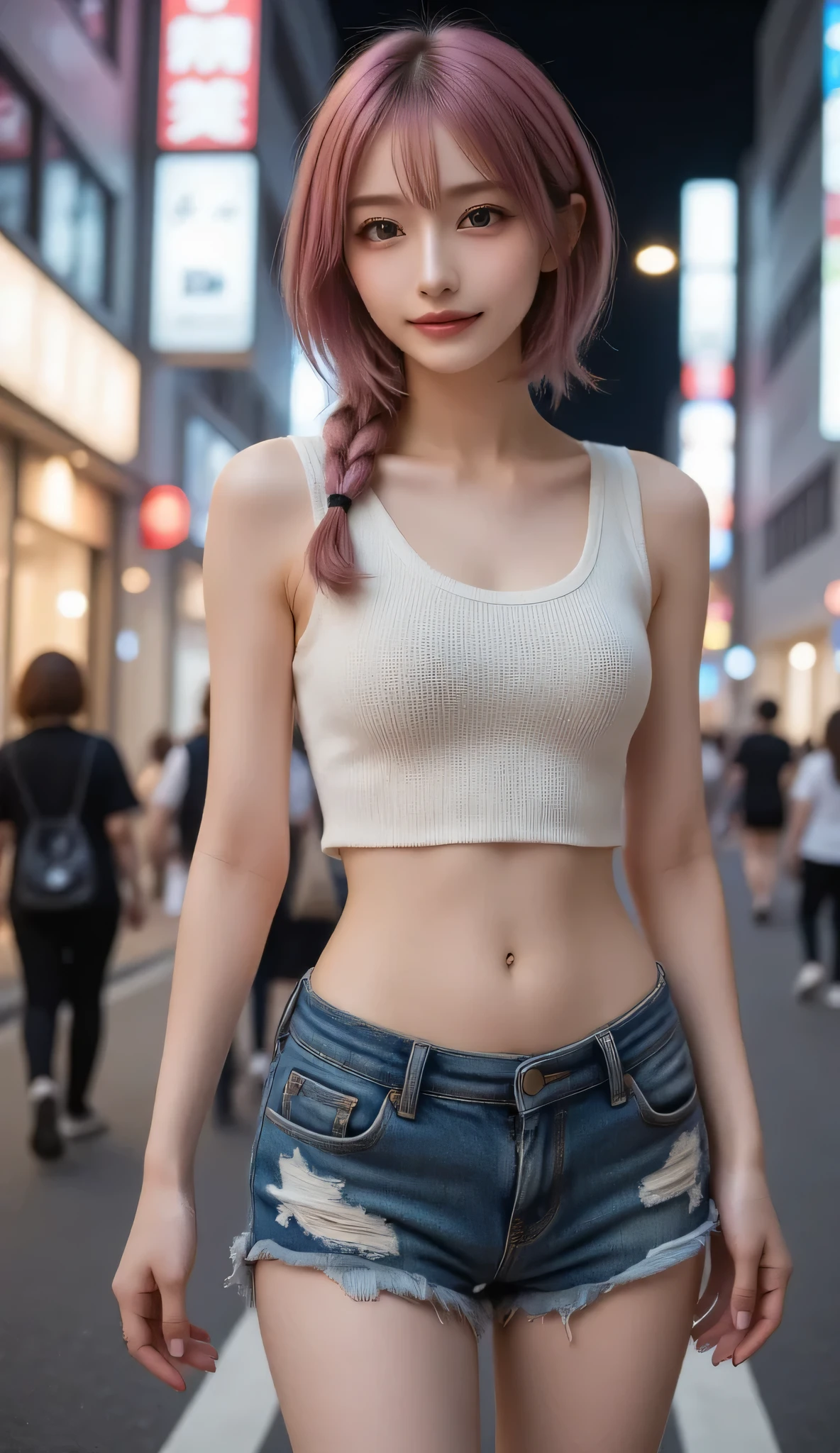 sfw, ((medium chest, tomboy, small head)), daylight, sunlight, (perfect body: 1.1), (short wavy hair: 1.2), russet hair, collar, chain, full body photo, crowded streets, wearing pink t-shirt, jeans, (extremely detailed CG 8k wallpaper), (extremely delicate and beautiful), (masterpiece), (best quality: 1.0), (super high resolution: 1.0), beautiful lighting, perfect lightning, realistic shadows, [high resolution], detailed skin, super detailed, wearing bra,((skinny waist)), young asian girl, ((big breasted)),