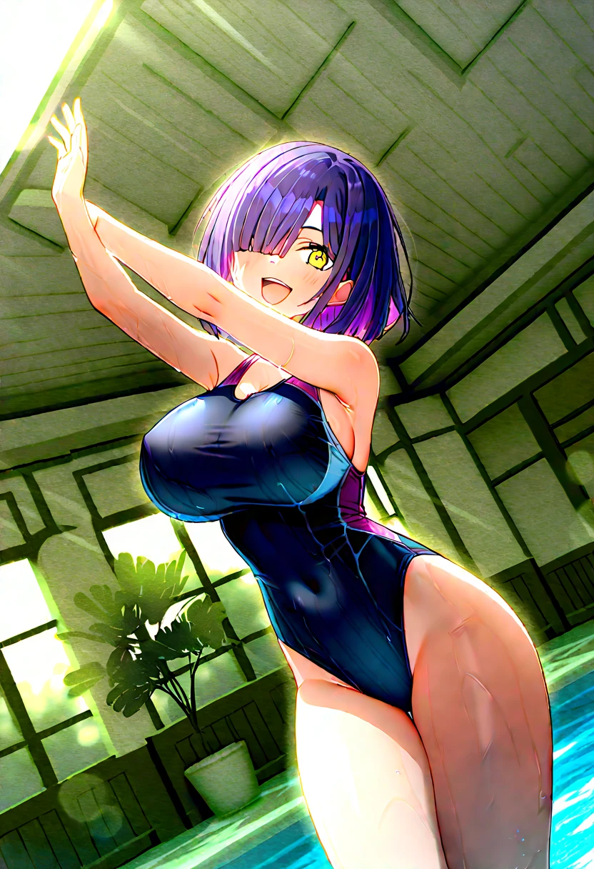 mature female, mature, Adult, himeno, himeno(Chainsaw Man), 1girl, black hair, short hair, eyepatch, solo, seductive smile, grin, nsfw, Villains, Bending forward, claw pose, Raise arms, chest, View your audience, Beach, night, Dark, latex purple leotard, dramatic angle, unique perspective, unique angle, masterpiece, Top animation quality,Top image quality,