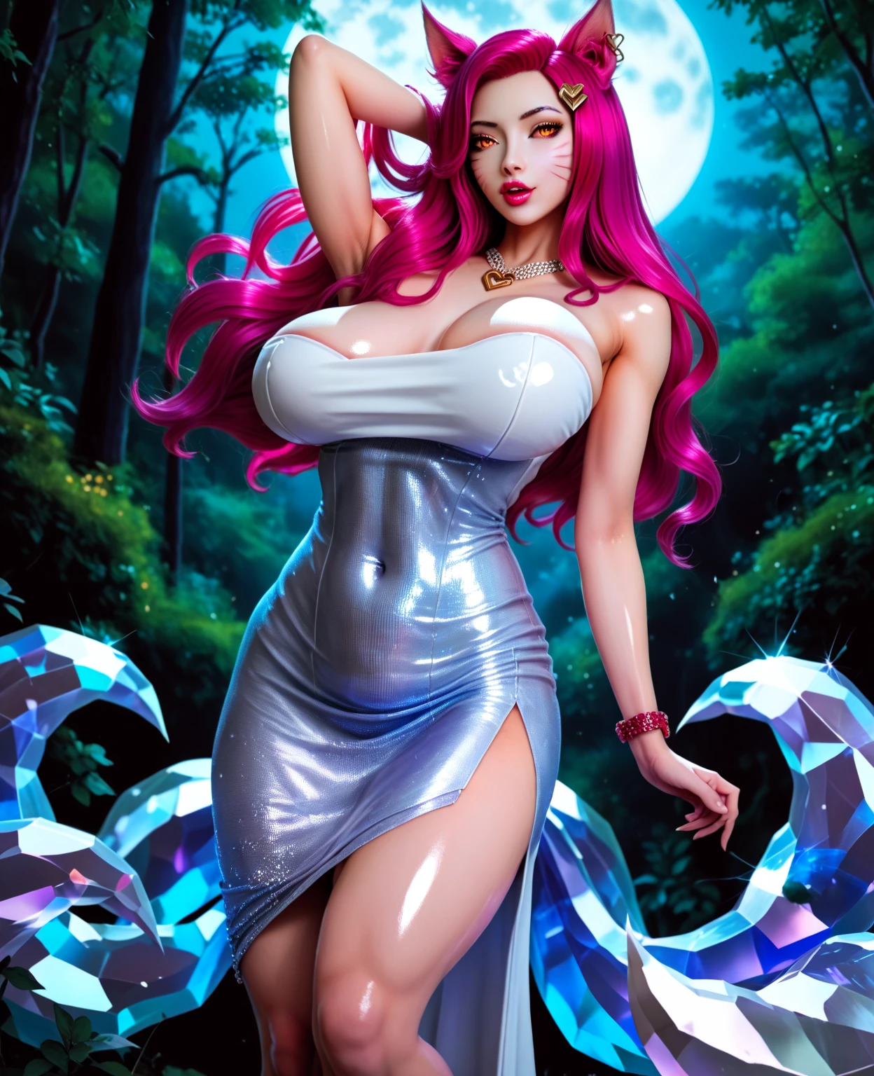 (best quality,highres,ultra-detailed),realistic,portraits,Asian girl,deep green eyes,detailed eyes,lips,tattooed arms,pink hair,elegant purple mini dress,purple shoes,big bust,big bottom. Full body, backgroud garden in the night