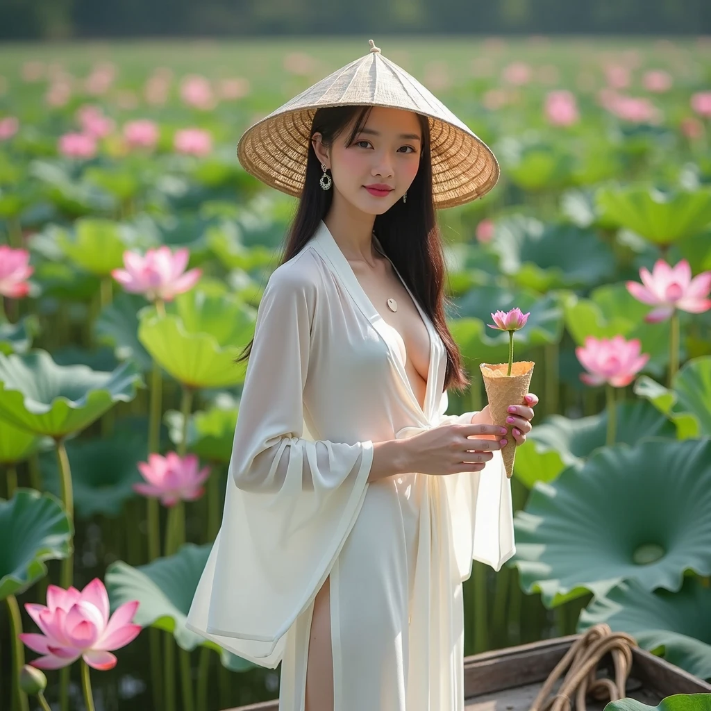 (drooping eyes, realistic skin, round face), ecstasy, ((completely transparent) see-through various-pattern (Ao-dai) with various pattern on the naked), ((swollen nipples)), open legs, outside, angle from below, hair up, (conical hat), straddling, ((traditional Vietnam non-la)), glasses, pubic-hair,