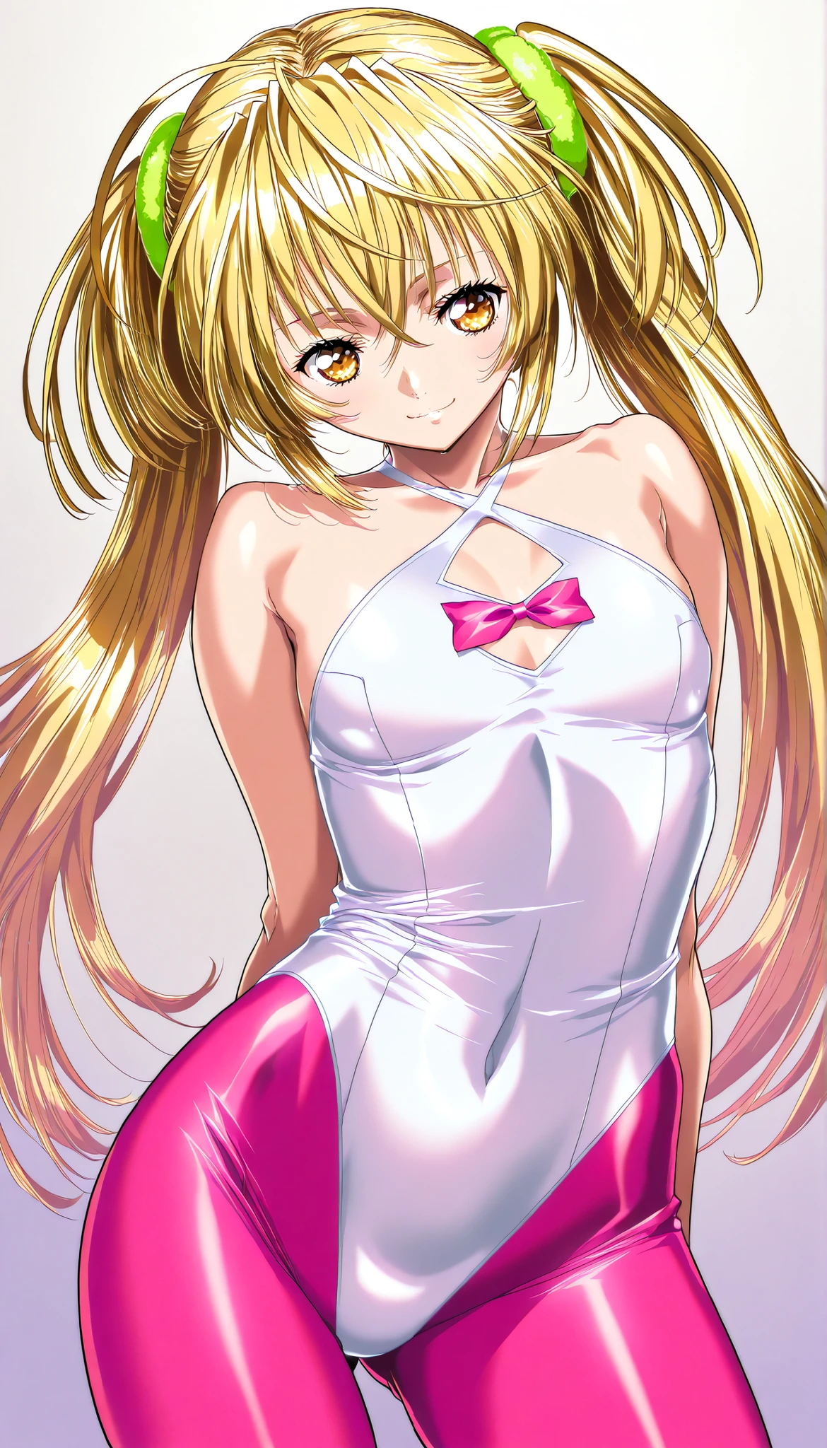 o_natsumi_, hair ornament, white elbow gloves, braid, white boots, shoulder armor, BREAK 1girl, solo, masterpiece, best quality, detailed face, detailed eyes, highres, leotard, latex, sleeveless, knee boots, haigure pose, open hands, standing, spread legs, (expressionless:1.2), upper body,