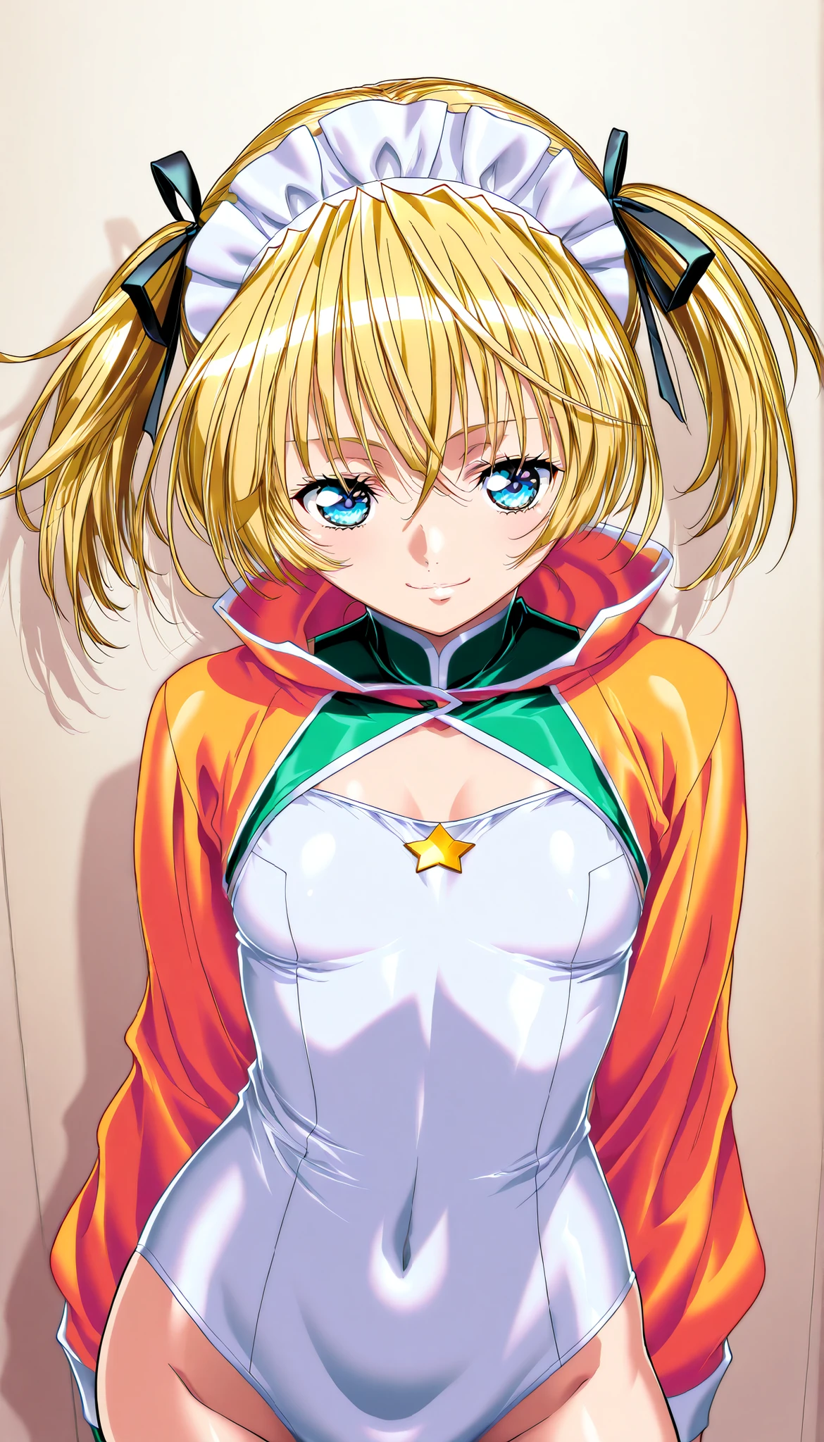 masterpiece, Highest Quality, newest, high definition, 1 girl on break day, Yokota Mamoru Style,motion line floating on impact,very straight nose, slim,thin face,perfect nose,staring at the viewer,charming smile、face up、Tsukiumi (Sekirei) Wagtail painting style, blonde_hair, small_chest, standing, solo, Tsukiumi_green_maid_dress, twin tails_Tsukiumi, masterpiece, Highest Quality, detailed face, detailed eyes, high definition,long hair, blonde hair, greenい目, portraits