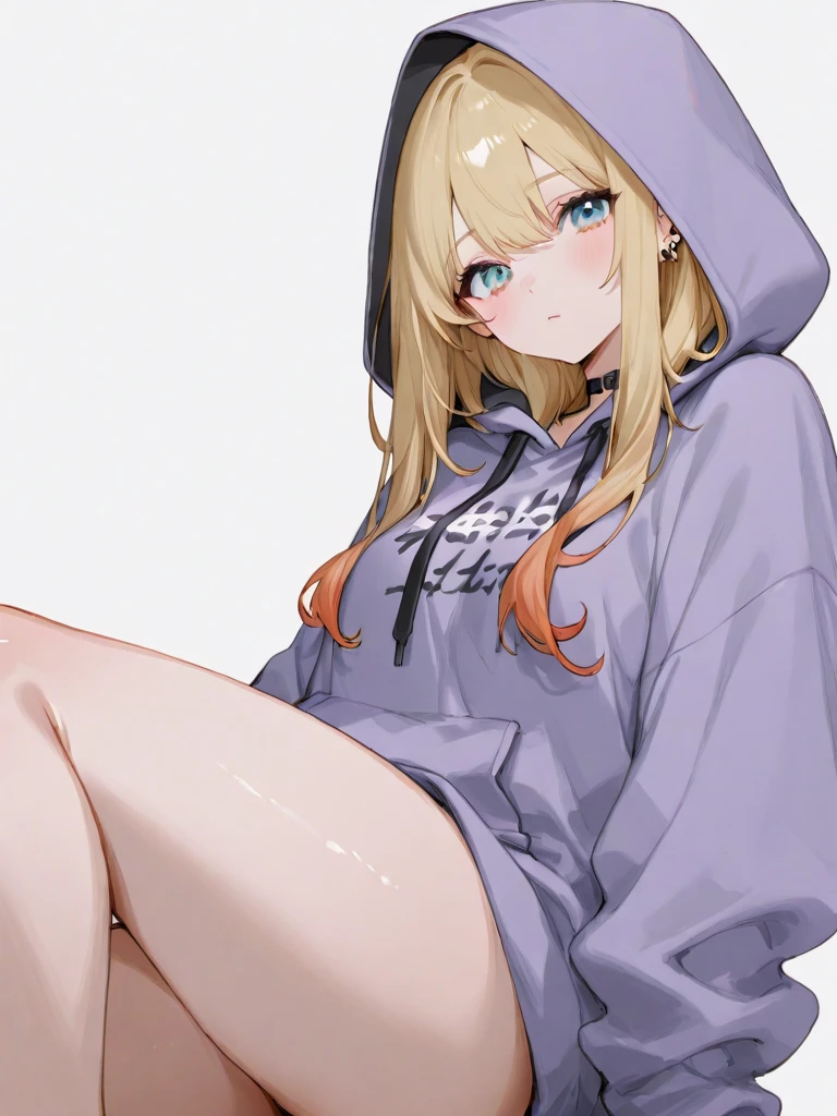 nsfw, a blond、short hair,Hair up to the neck、Golden eyebrows、Gray eyes、cheeks a little pink、a small nose、light skinned、8years old、elementary student、a junior high school student、blush, ecstacy, saliva,Wear a light pink hoodie、pussy, pussy line,ass, bottom less, big breasts, bedroom, looking at viewer, {{{undressing}}}, scatter sweat,