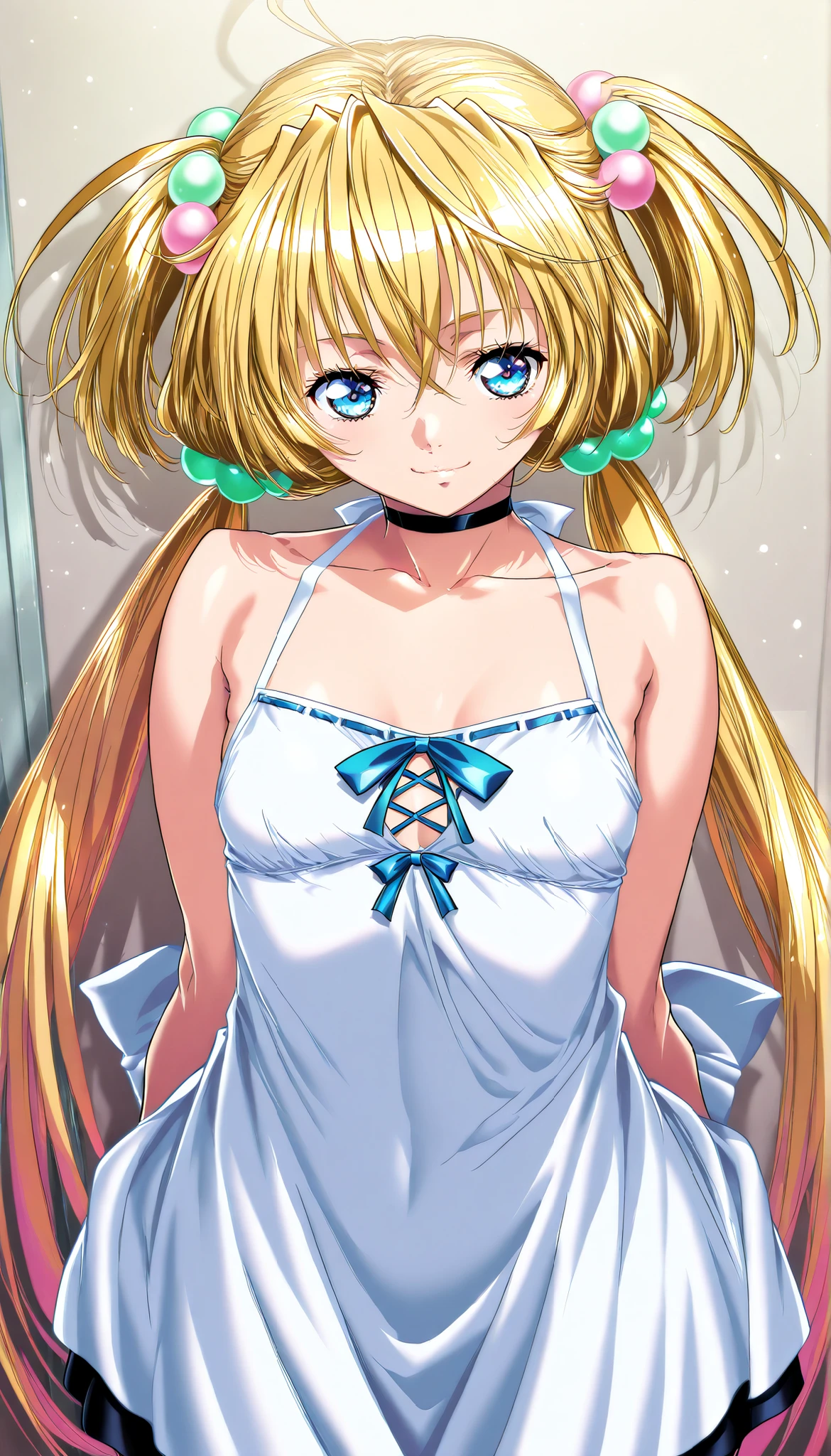 masterpiece, Highest Quality, newest, high definition,  1 girl on break day, Yokota Mamoru Style,motion line floating on impact,very straight nose，  slim,thin face,perfect nose,staring at the viewer,charming smile、face up、Tsukiumi (Sekirei) Wagtail painting style, blonde_hair, small_chest,  standing, solo, Tsukiumi_green_maid_dress, twin tails_Tsukiumi, masterpiece, Highest Quality, detailed face, detailed eyes, high definition,long hair, blonde hair, greenい目, portraits