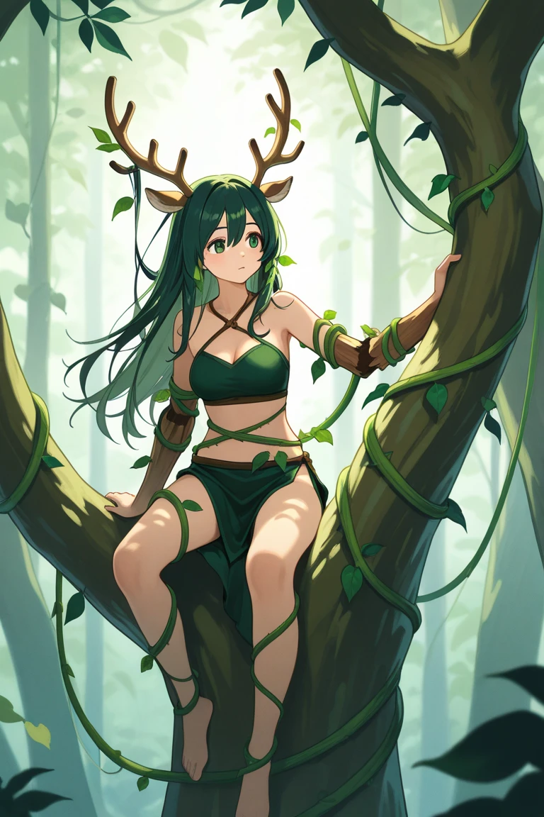 Woman, elf, in the forest, wearing panties, panties with the words eat me, black bra, black hair, open leg, lying on the floor, pov camera, pov vision