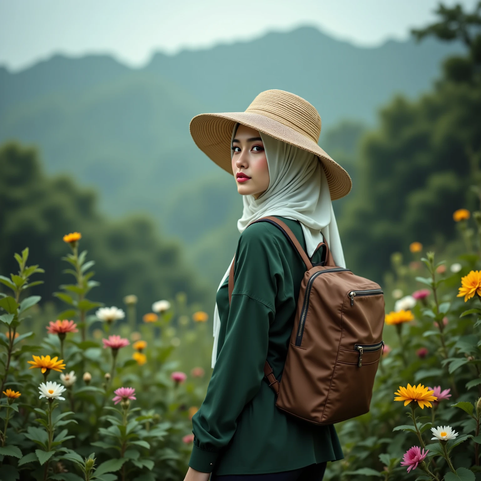 Hyper real a young beautiful clean Indonesian woman standing in a golden wheat field at sunset wearing a wide brimmed hat, pink Muslim hijab, white top, and carrying a red backpack on her back, realistic ultra HDR extreme original face cinematic wide angle view professional portrait