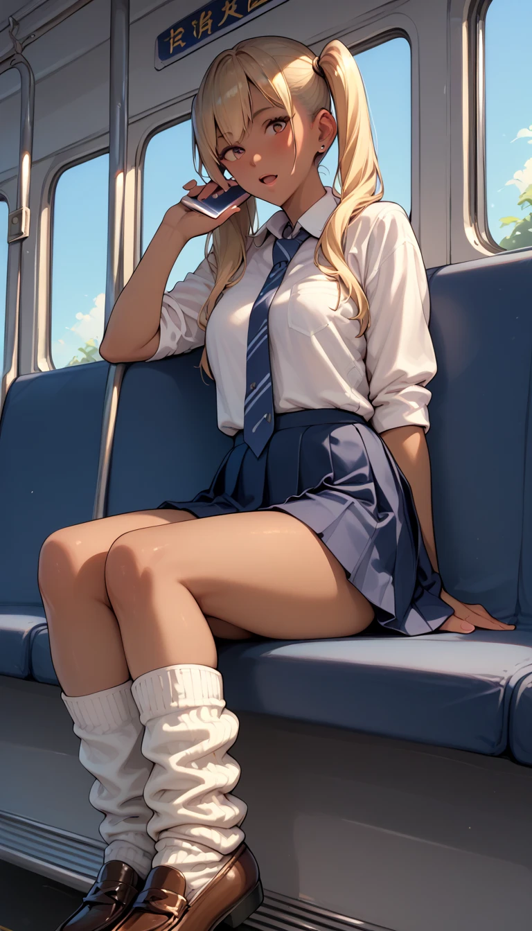 NSFW,4K,Gal:1.3,Anatomically correct,school uniform:1.3,A pure and innocent girl, Very cute face, Like an idol, (masterpiece:1.2), (high quality), panties, loose socks, Hip, Blue Skirt, alone, Blazer Type, loose socks, Lifting clothes, Brown eyes, pure gaze, mini skirt, Lift yourself up, Check skirt, blush,((Mid-chest)), (Sweating profusely), Long Hair, physical education, Beautiful legs, ((in the train))