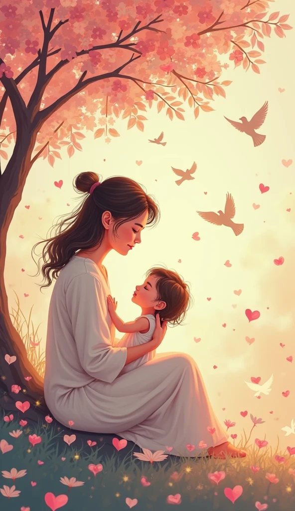 Woman tree with her child on her lap and the child smiling at her affectionately and she at him 
