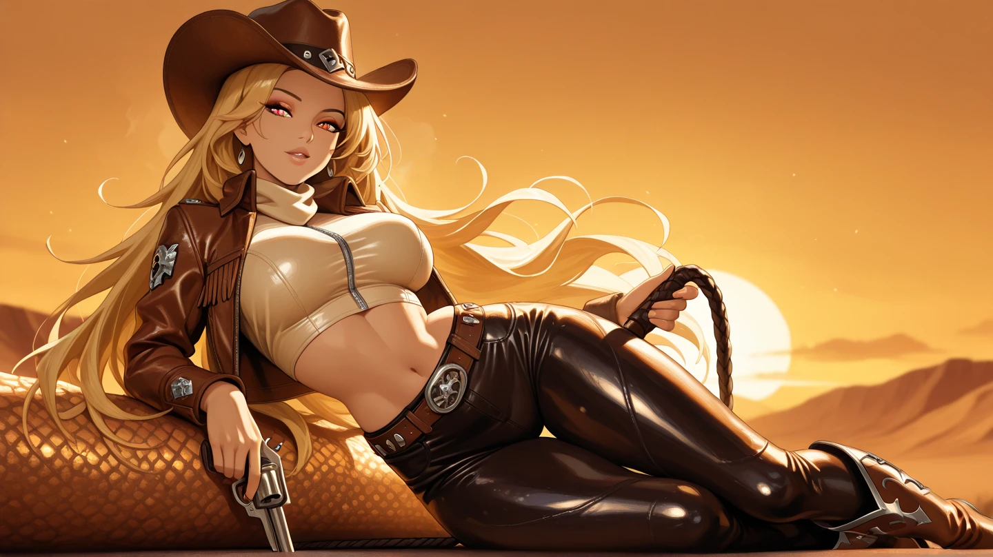 (((depcit young ))), (((elegant cowgirl))), sexy, blond hair, long hair, straight hair, cowby hat, wearing leather cowboy clothes, open legs, spread legs, brown eyes, thin , small breasts, nice hips, open shoulders, (sassy), (Masterpiece, Excellent, complex details), delicate girl, delicate face, back arched, pretty, sunny desert, a western atmosphere