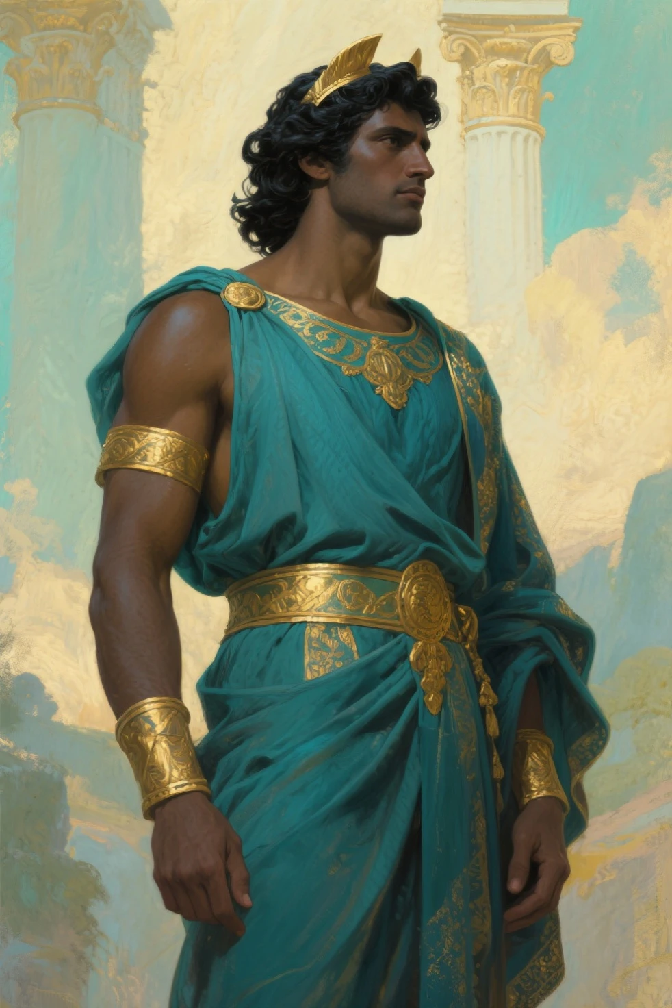 Model Description:
The model is a male elf figure with a lean body and dark skin tone. His facial features are not fully visible, but his overall silhouette suggests a gentlemanly and elegant demeanor.
Outfit Description:
The outfit is a blend of traditional and stylized elements, possibly inspired by ancient Middle Eastern or North African cultures and Indian culturs. It consists of several pieces:
Top: Instead of a vest, the model wears a translucent fabric draped from his shoulder to his waist in a slanted way. The fabric is adorned with scattered gold details that resemble stardust, creating a magical and ethereal effect. The draped design allows for a glimpse of his lean upper body. The collar detail is a wide, gold choker that sits around his neck, complementing the other gold accents in the outfit.
Bottom: He wears a pair of loose-fitting, parachute-style pants underneath a long, flowing skirt. The skirt is a deep midnight blue color and appears to be draped over the pants, creating a layered effect. The pants provide comfort and mobility while the skirt adds a touch of elegance and formality.
Accessories: The model's waist is cinched with a wide, gold belt, further emphasizing his muscular physique. He also wears a pair of sandals, likely made of leather or cloth.
Overall, the outfit conveys a sense of luxury, elegance, and sophistication. The combination of traditional elements and modern styling creates a unique and visually appealing look. The translucent fabric with gold details adds a touch of fantasy and mystery to the outfit, while the draped design, parachute-style pants, and gold choker provide comfort, mobility, and a touch of elegance.
2d fashion design style of picture. Anime-ish style.