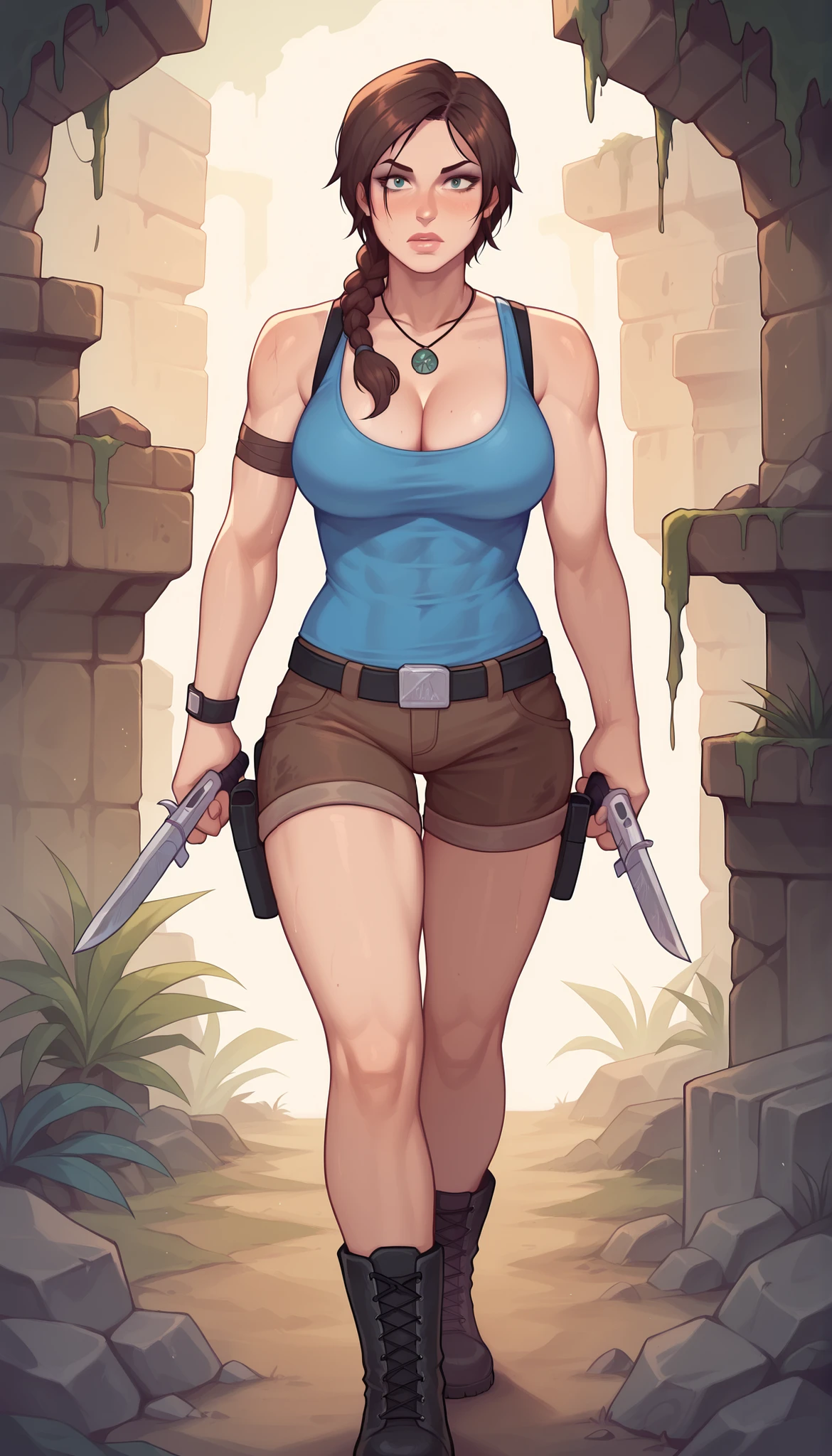 Lara Croft Tomb Raider, wielding guns and exploring ancient ruins. (best quality,ultra-detailed),lara croft,adventurous,dangerous,young woman,strong,brave,athletic,treasure hunter,fearless,long brown hair,wearing cargo shorts,combat boots, blue tank top,gritty and realistic,high-contrast lighting,moss-covered stone walls,tropical foliage,vivid colors, blue tank top, cleavage, large , braided ponytail, solo, 1girl, hands at sides