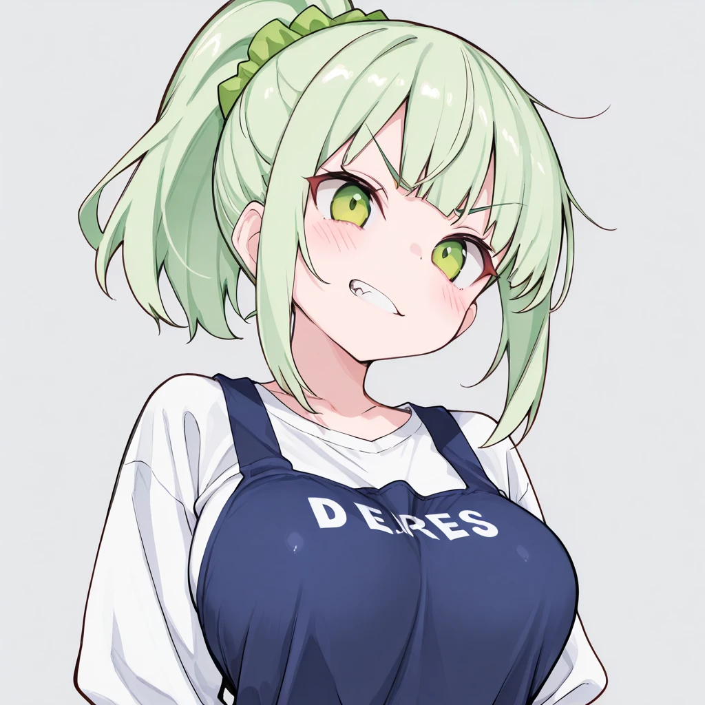 squad , T-shirt , flat chest , downblouse , Leaning forward , The greengrocer gazes admiringly at the moist cucumber he has picked up , looking away , natural tits