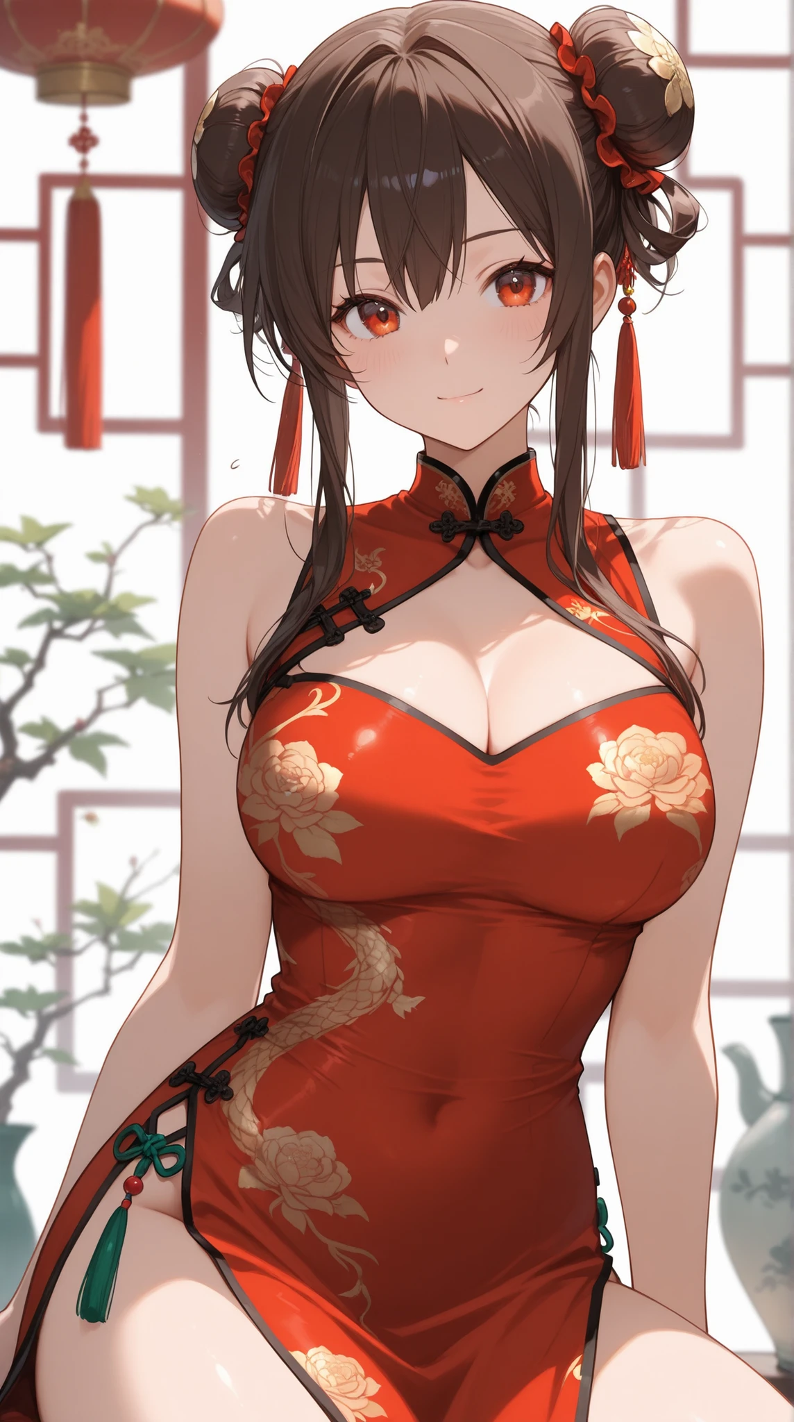 (Adult woman), alone, long hair, masterpiece,huge breast, looking at viewer, detail eyes, (detail face), standing, (front view:1.9), (More Revealing Sideless China Dress | La Galissonniere (Azur Lane)), upper body shot, looking at viewer, (cleavage), smile, perfect breast,