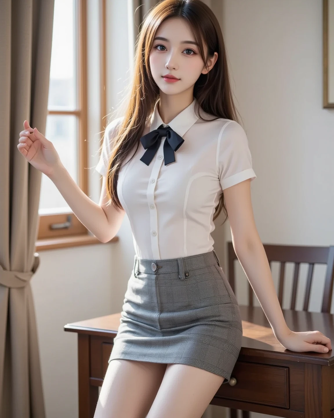 23-year-old woman wears bold miniskirt in luxury room, posterior view, Bold Pose,office suit, Nero, a garter belt, None and white shirt, choker necklace, ssmile,young pretty gravure idol, Young gravure idols, Young gravure idols, Young Thin Gravure Idol, Beautiful gravure printed idols, On a table, Best quality, Extremely detailed RAW color photos, Professional-grade photos