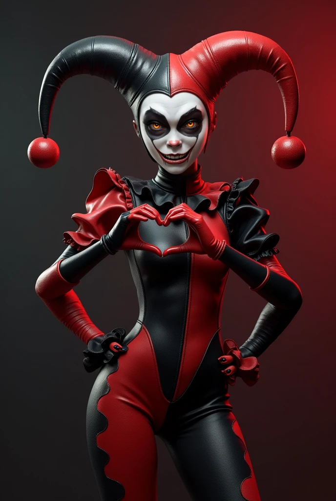 personagem coringa, com sorriso macabro, realista, alta qualidade, cidade sombria de fundo, muitos detalhes no rosto, corpo inteiro. terno vermelho.