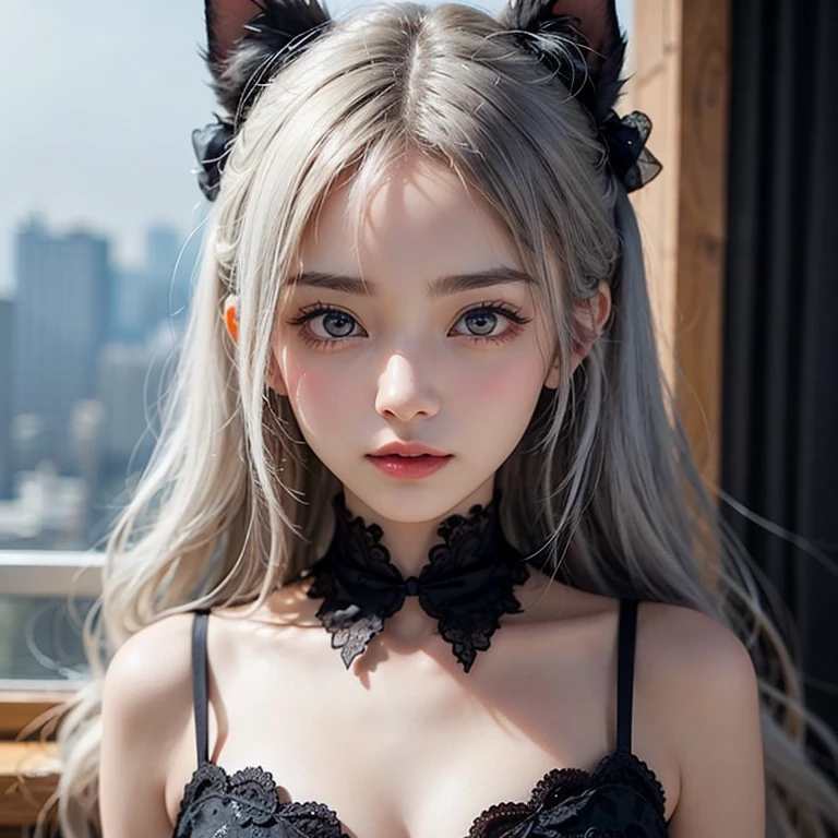 Mujer rubia con cuernos y una gargantilla posando para una foto., retrato de kim petras, bella delfina, ava max, girl with orejas de gato, muy hermosa linda catgirl, hermosa joven gatita, orejas de gato, fake orejas de gato, pelo largo y blanco y flequillo, Lalisa Manobal, woman with orejas de gato, Chica gato atractiva, orejas de gato on her head